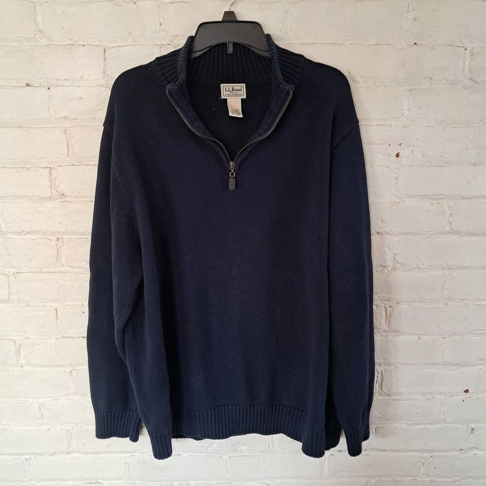 L.L. Bean Mens XXL Navy Knit Navy Blue Pullover Quarter Zip Sweater 100% Cotton
